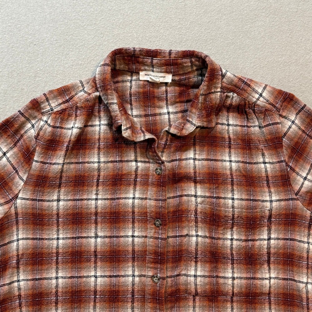 Beach‎ Lunch Lounge Plaid Button-Up Soft Flannel Fall Rustic Boho Shirt Women M - Picture 2 of 13